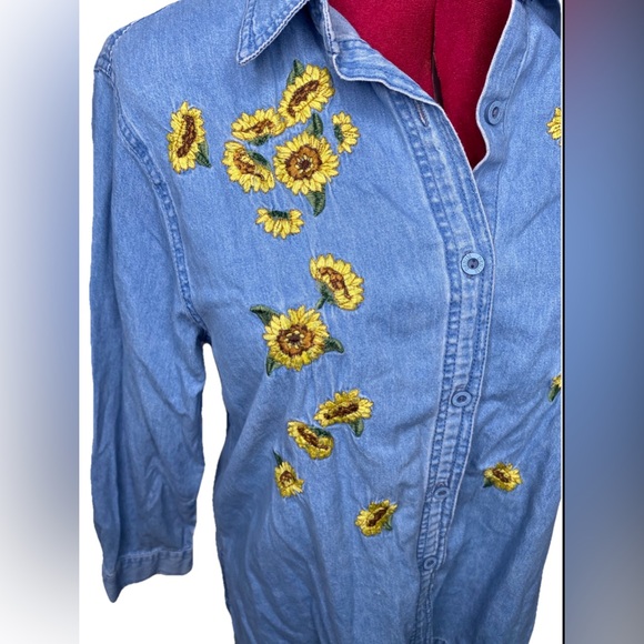 Vintage Denim Sunflower Shirt Womans Large L Blue Chambray Button Up Embroidered - Picture 5 of 11